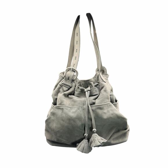 Ann Taylor LOFT Handbags - Ann Taylor LOFT Gray Leather Drawstring Shoulder Bag Tassel Slouchy Tote
